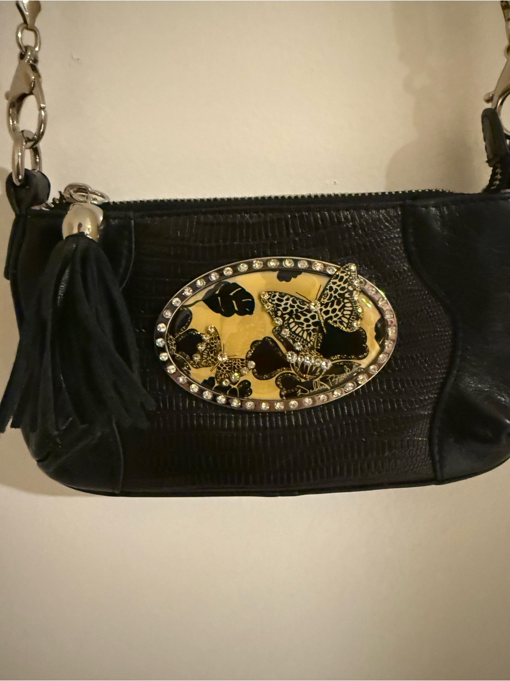 Debbie Brooks NY Swarovski ButterflyBlack Leather Crossbody Bag w. Kinetic Strap